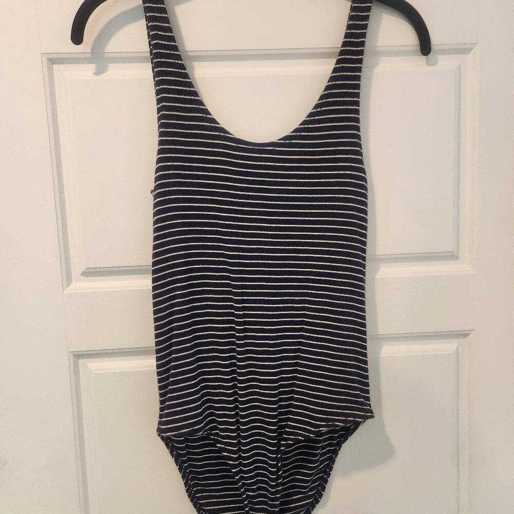 Super soft one-piece bodysuit, cut-out back, navy and white stripes